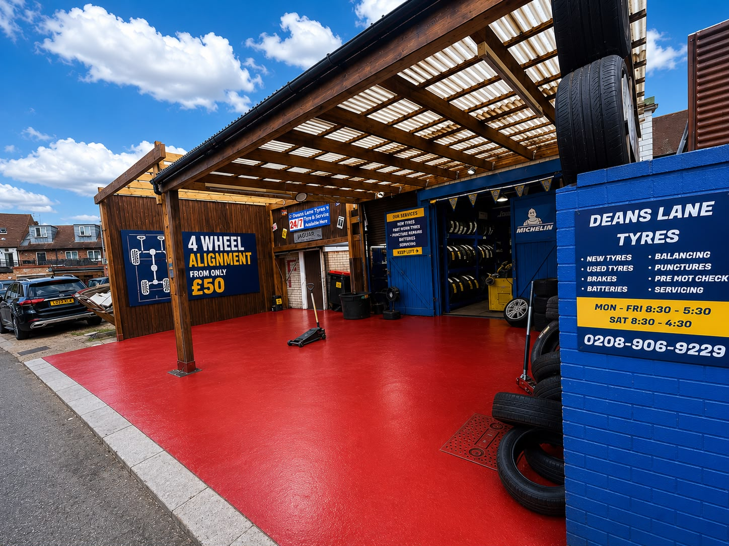 Deans Lane Tyres forecourt with 4 wheel alignment and services signage